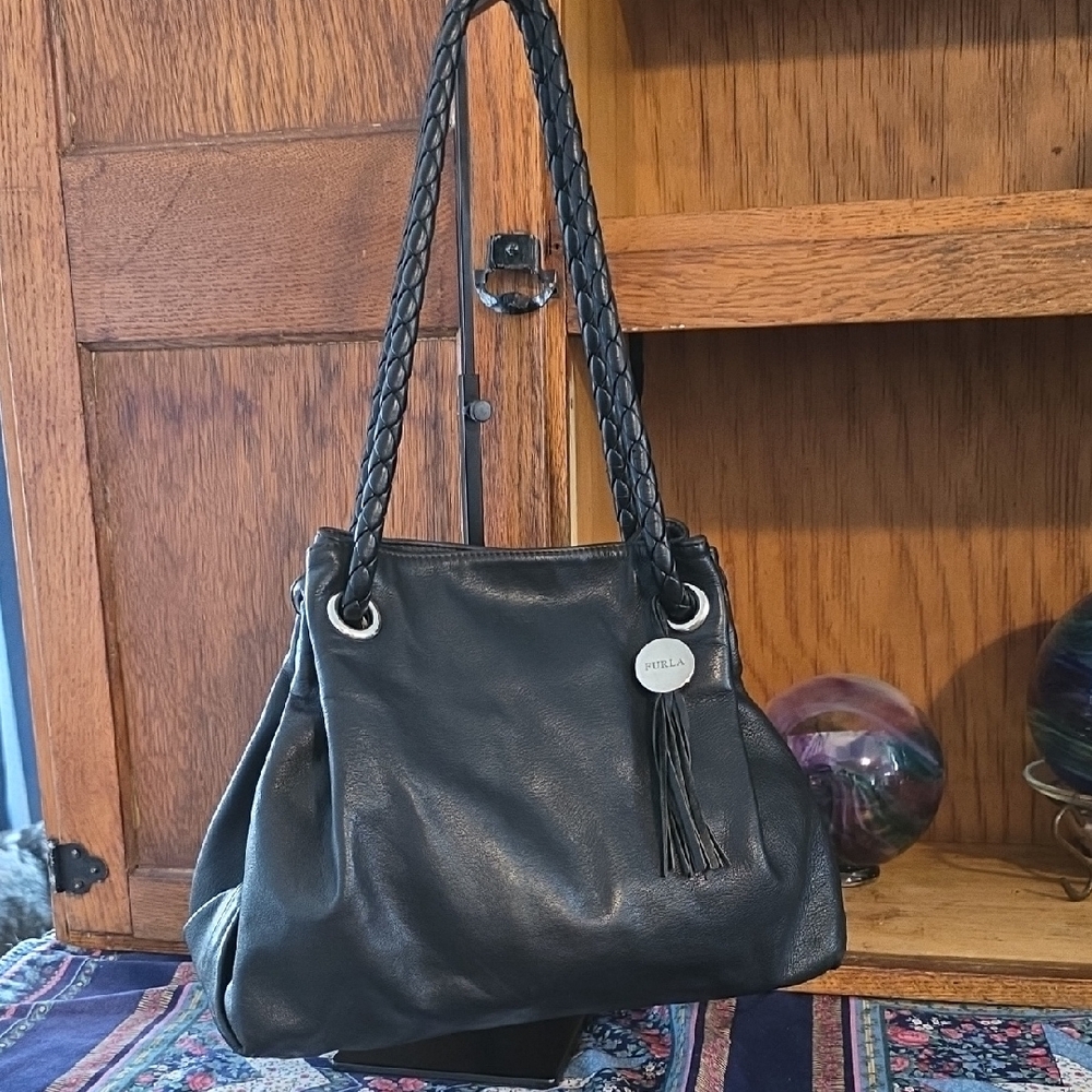 Furla Drawstring Black Leather Hobo Shoulder Bag GUC